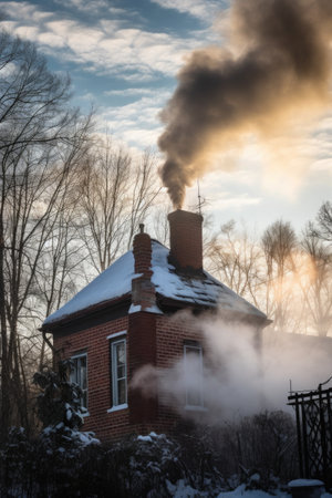 smoke emerging from a chimney on a cold day, created with generative aiの素材
