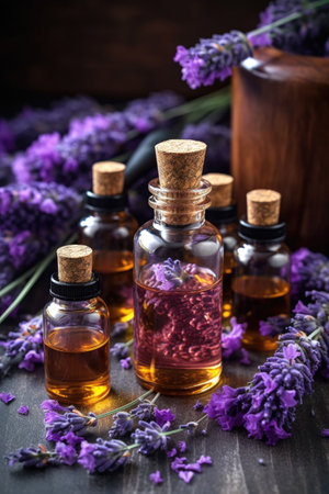 aromatherapy essential oils with lavender flowers, created with generative aiの素材