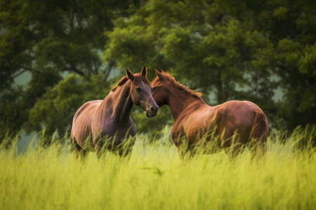 wild horses playfully interacting in a lush green field, created with generative aiの素材