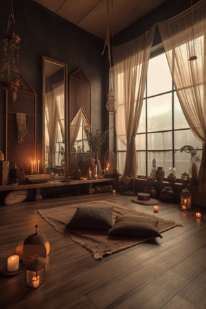 serene yoga studio with candles and incense, created with generative aiの素材