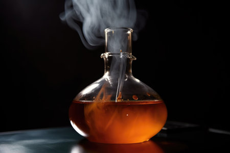 close-up of flask, with steam rising from boiling liquid, created with generative aiの素材