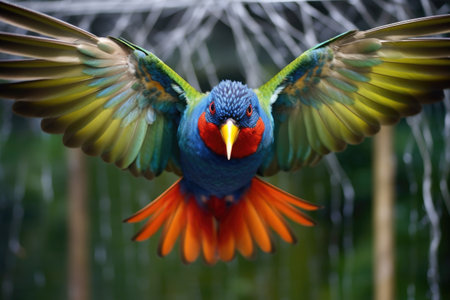 rainbow lorikeet playfully hanging upside-down, created with generative aiの素材