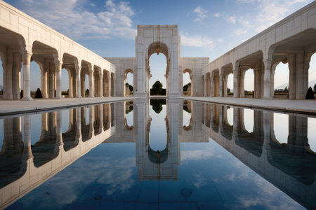 symmetrical architecture mirrored in a still reflecting pool, created with generative aiの素材