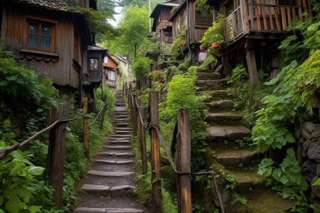 steep path with wooden steps and railings, created with generative aiの素材