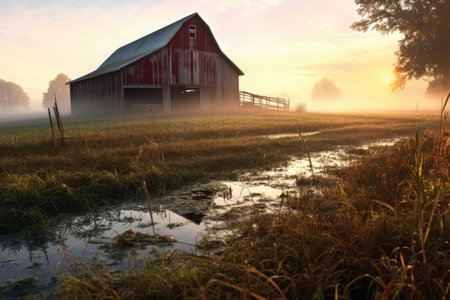 country barn at sunrise with morning dew on grass, created with generative aiの素材