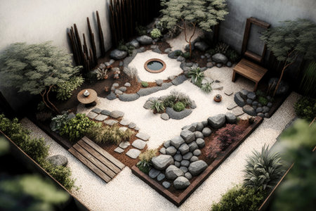 a serene zen garden with a mix of stone, wood and metal elements, created with generative aiの素材