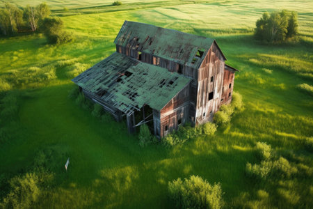 aerial view of a rustic barn in a green field, created with generative aiの素材