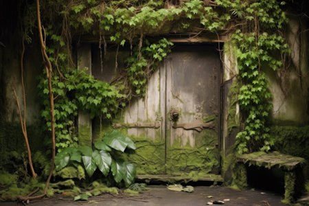 old wooden door covered with ivy and moss, created with generative aiの素材