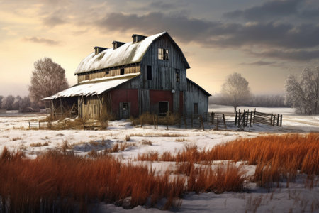 snow-covered country barn on a winter day, created with generative aiの素材