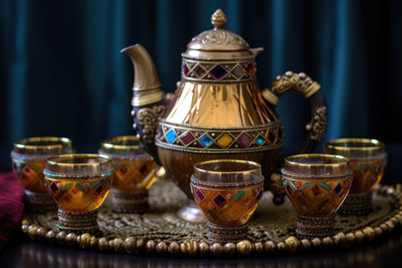 moroccan teapot and decorative glasses, created with generative aiの素材