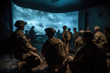 military training simulation, with soldiers fighting against enemy in immersive environment, created with generative aiの素材