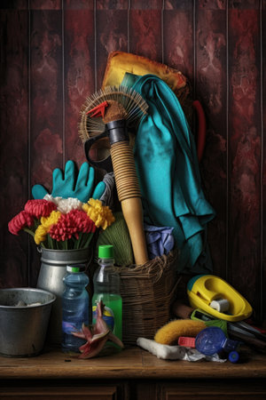 cleaning supplies and gloves for community cleanup, created with generative aiの素材