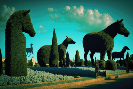 topiary of animals in a park, with the silhouettes visible against the blue sky, created with generative aiの素材