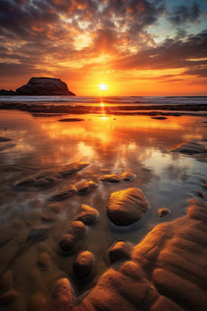 golden sunset over a calm ocean beach, created with generative aiの素材