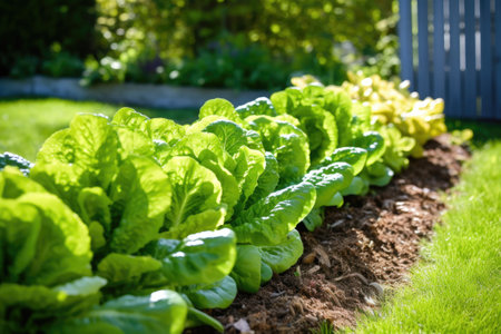a row of fresh salad greens growing in garden bed, created with generative aiの素材