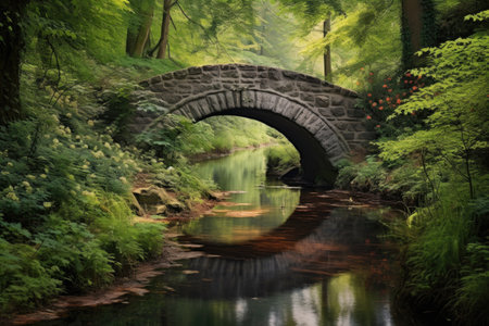 arched wooden bridge over a tranquil stream, created with generative aiの素材