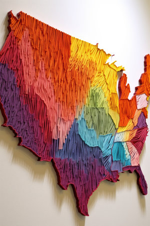 us map made of colorful string art on a white wall, created with generative aiの素材