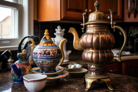vintage russian samovar with teapot on top, created with generative aiの素材