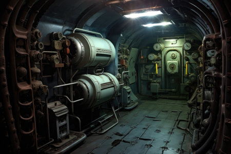 torpedo tube doors and loading mechanism inside submarine, created with generative aiの素材