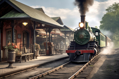 steam engine train at an old-fashioned station, created with generative aiの素材