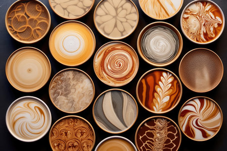 overhead view of intricate coffee latte art patterns, created with generative aiの素材