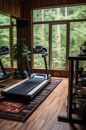 treadmill and exercise equipment in a home gym, created with generative aiの素材