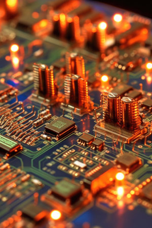 circuit board close-up with glowing led lights, created with generative aiの素材