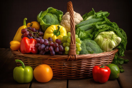 basket of fresh fruits and vegetables, ready for eating, created with generative aiの素材