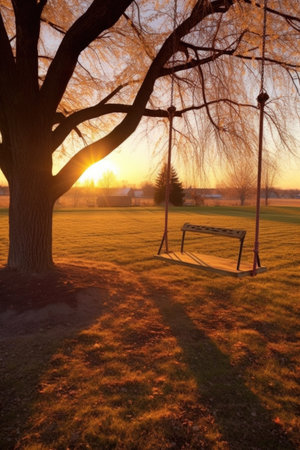 tree swing illuminated by warm sunset glow, long shadows, created with generative aiの素材