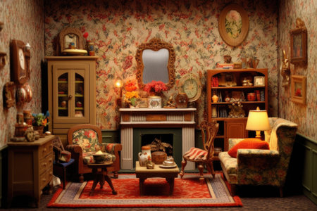 decorated dollhouse living room with fireplace, created with generative aiの素材