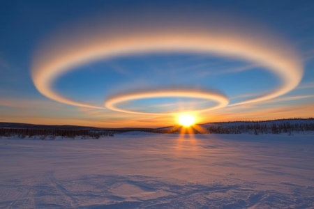 vivid sun dogs above arctic tundra at sunset, created with generative aiの素材