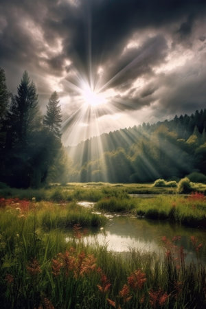sunrays bursting through a break in the clouds, illuminating the scene, created with generative aiの素材