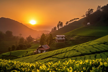 contrast of tea plantation shades during sunset, created with generative aiの素材