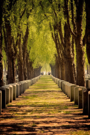 military cemetery with rows of headstones, created with generative aiの素材