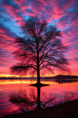 silhouette of a tree against a colorful sunrise sky, created with generative aiの素材