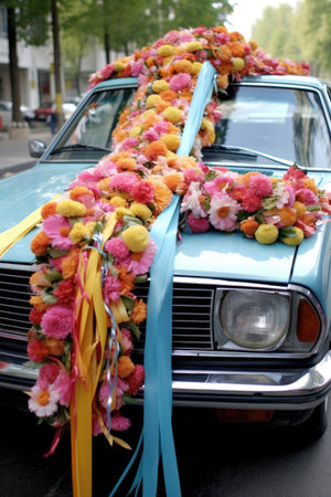 wedding car decorated with flowers and ribbons, created with generative aiの素材
