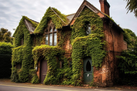 old brick building with ivy climbing walls, created with generative aiの素材