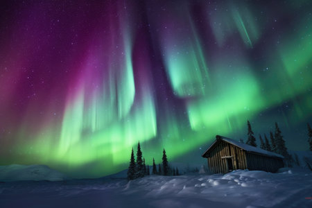 green and purple hues of northern lights in polar regions, created with generative aiの素材