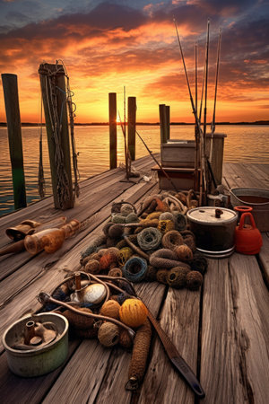 fishing gear on a wooden pier at sunset, created with generative aiの素材