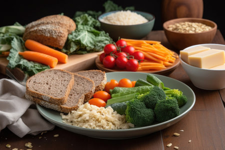 plate of veggies, cheese, and slice of whole-wheat bread, created with generative aiの素材