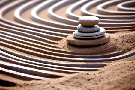 close-up of stacked zen garden stones with raked sand patterns, created with generative aiの素材