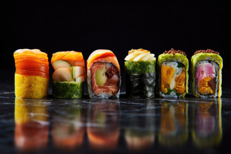 futomaki rolls in a row with vibrant ingredients, created with generative aiの素材