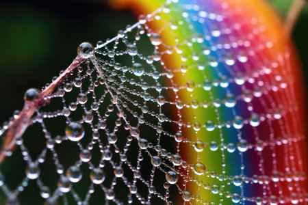 rainbow spectrum formed on dew-covered spider web, created with generative aiの素材