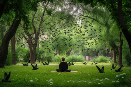 person, practicing yoga and meditation in the park, surrounded by greenery and birds, created with generative ai