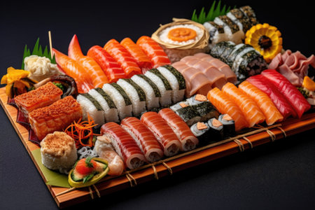 sushi platter with various rolls and nigiri, created with generative aiの素材