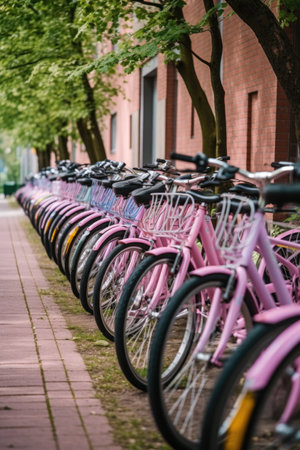 row of bicycles parked outside a team building event, created with generative aiの素材