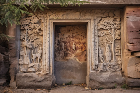 ancient stone door with engraved nature patterns, created with generative aiの素材