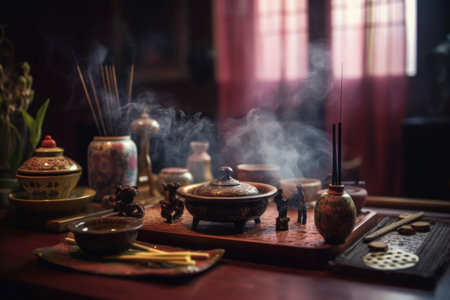 incense burning during a tranquil tea ceremony, created with generative aiの素材
