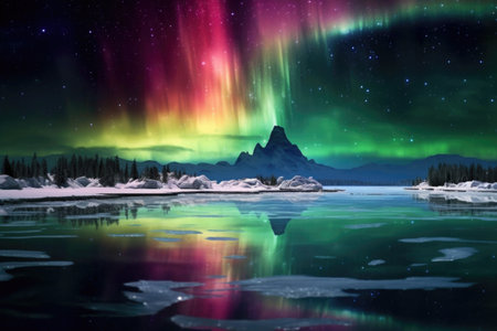 aurora borealis casting a glow on a frozen lake from space, created with generative aiの素材