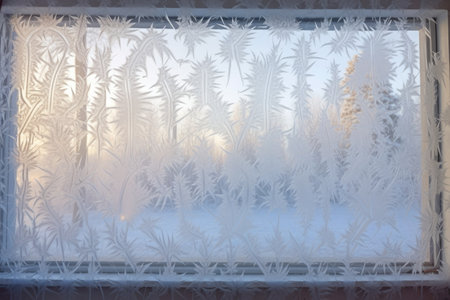 frosty patterns on a window with a winter landscape, created with generative aiの素材